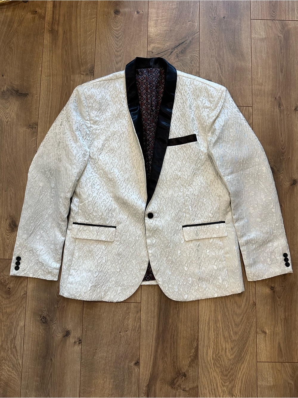 White Textured Shawl Collar Tuxedo Jacket with Black Trim